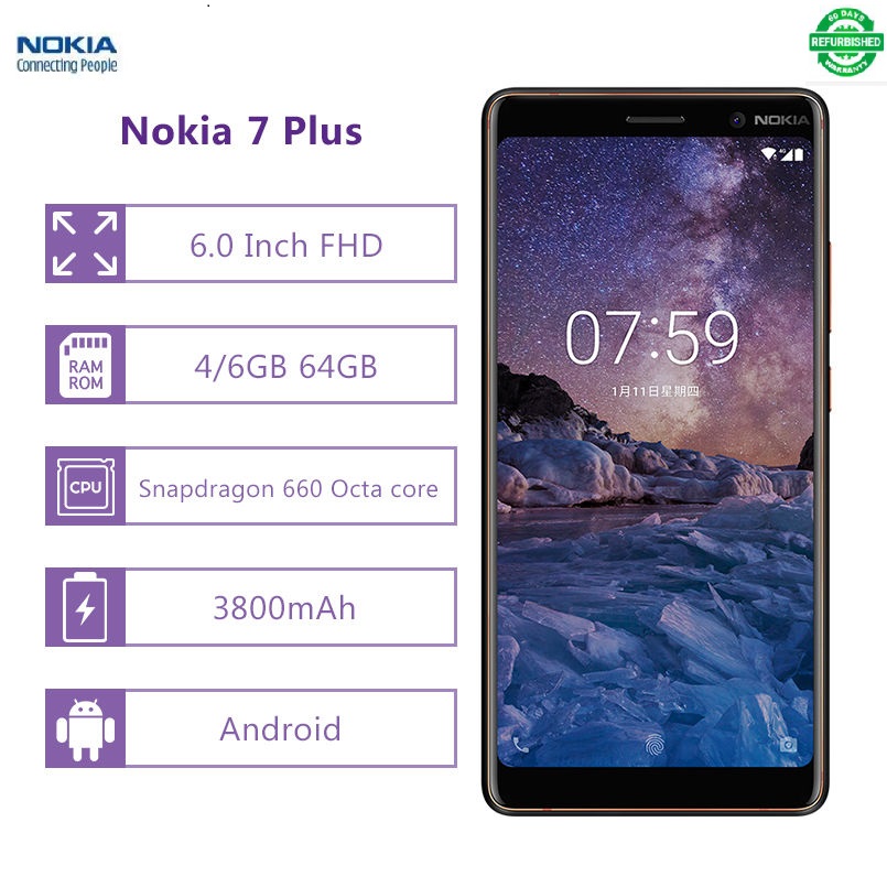 Refurbished Nokia 7 Plus Smartphone 6.0&apos;&apos; 4/6+64GB 13MP+16MP Mobile Phone 3800mAh 4G NFC  Cellphone