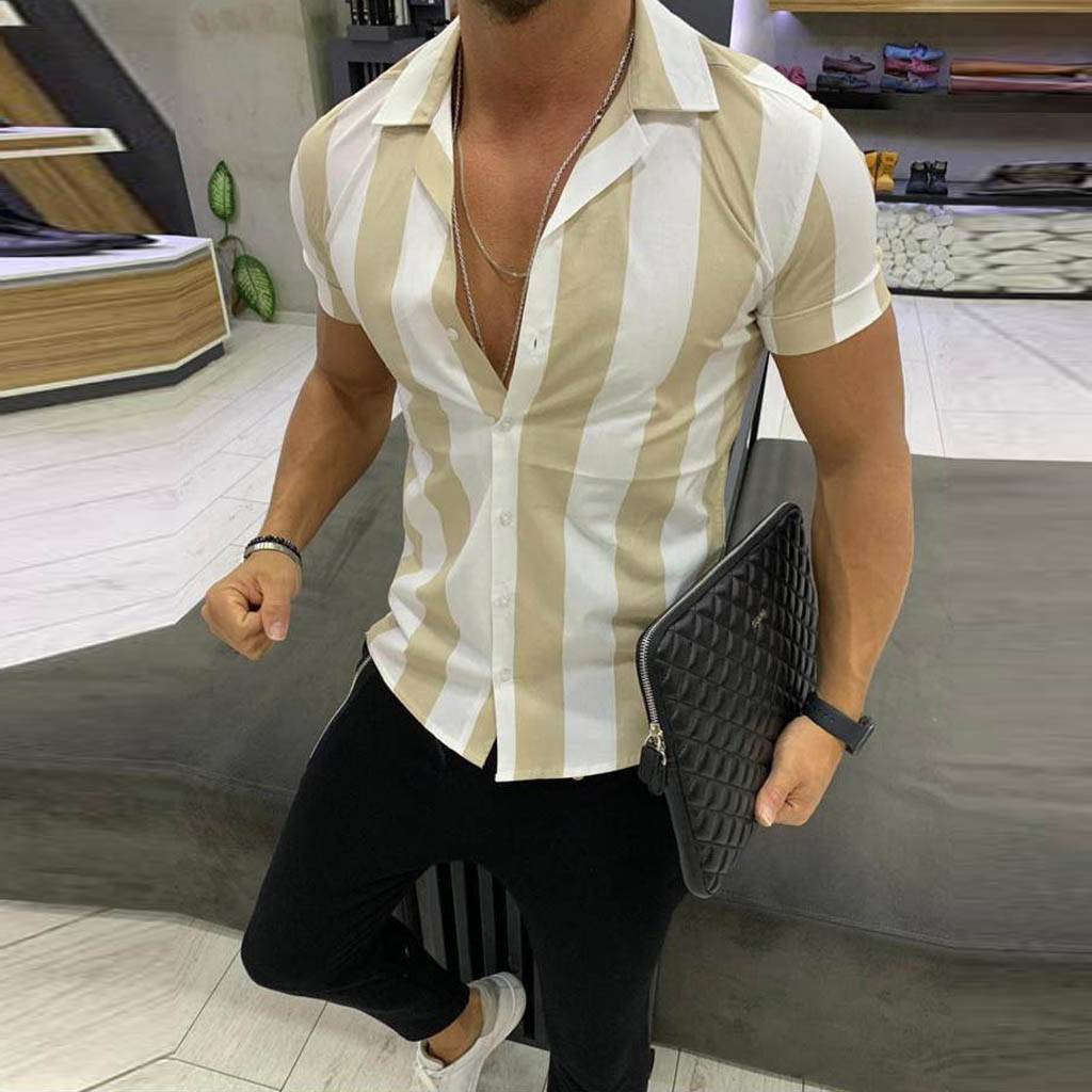 2019 summer European and American explosion models men's shirts cotton striped color matching Slim