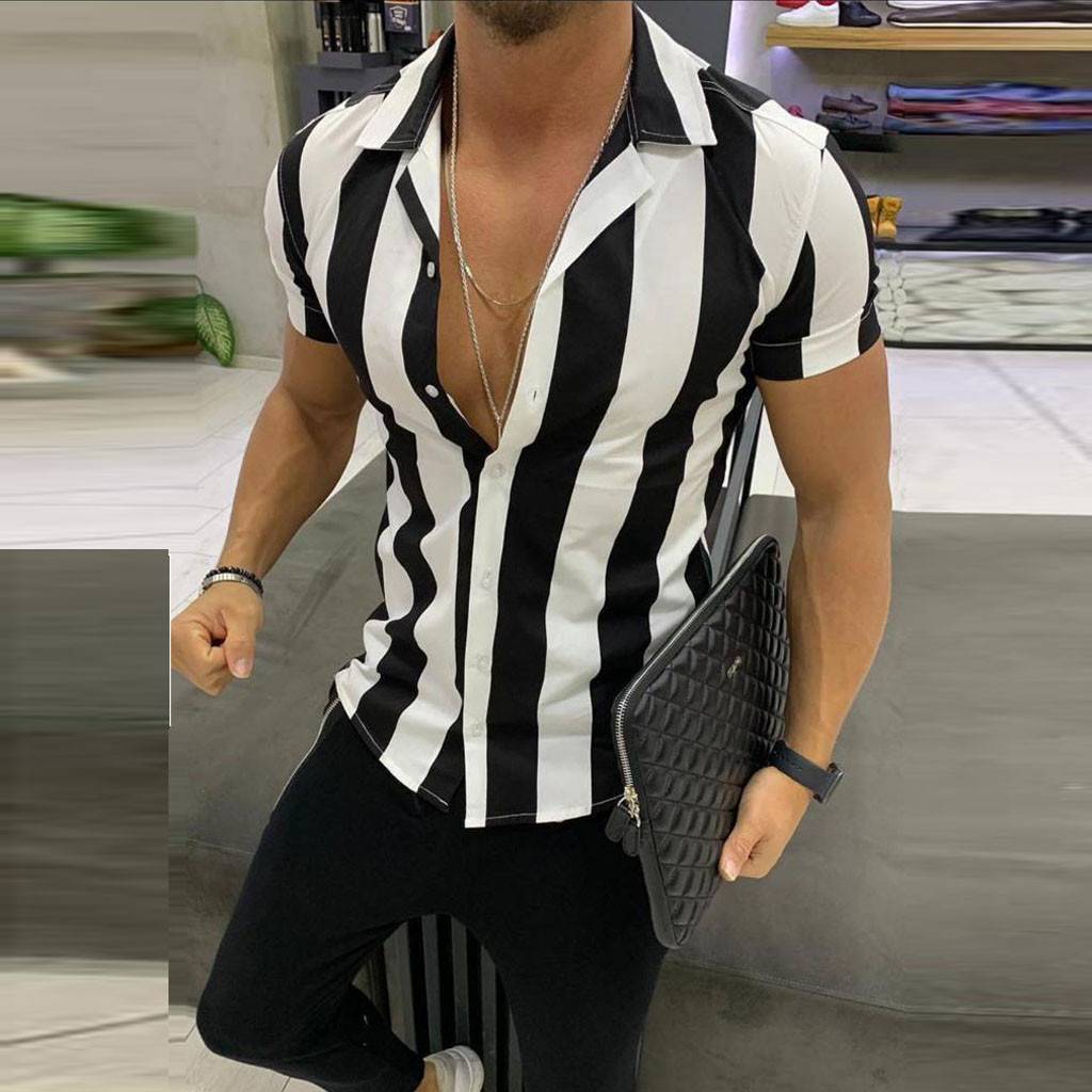 2019 summer European and American explosion models men's shirts cotton striped color matching Slim