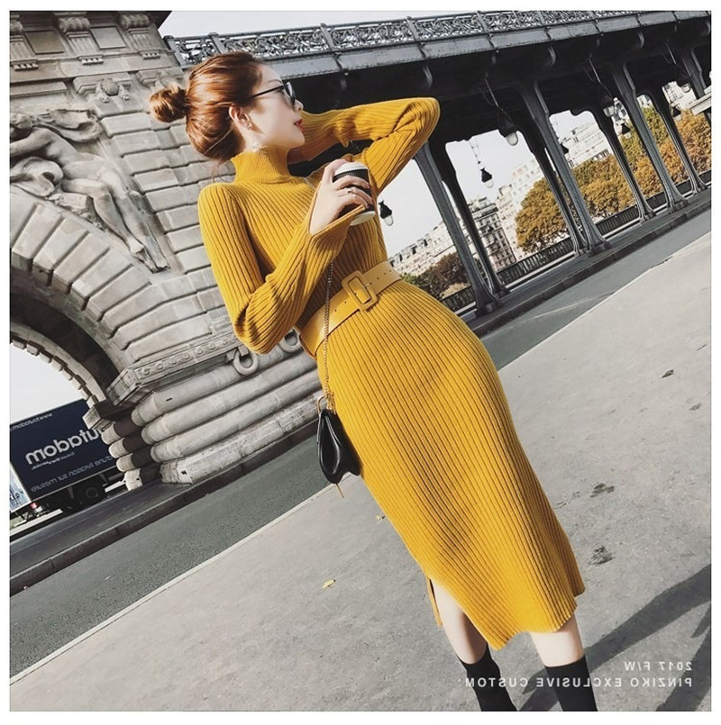 Autumn and winter long sweaters dresses women&apos;s bottoming shirts sweater skirts jackets elastic