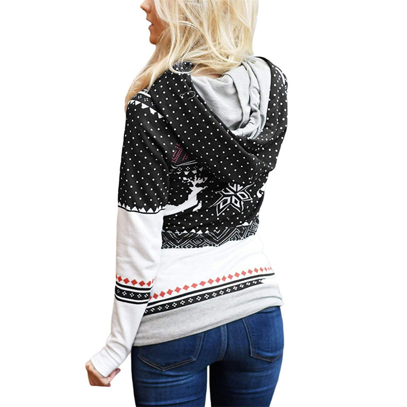 Explosion models Christmas style zipper print pocket hooded finger sweater coat jacket women&apos;s