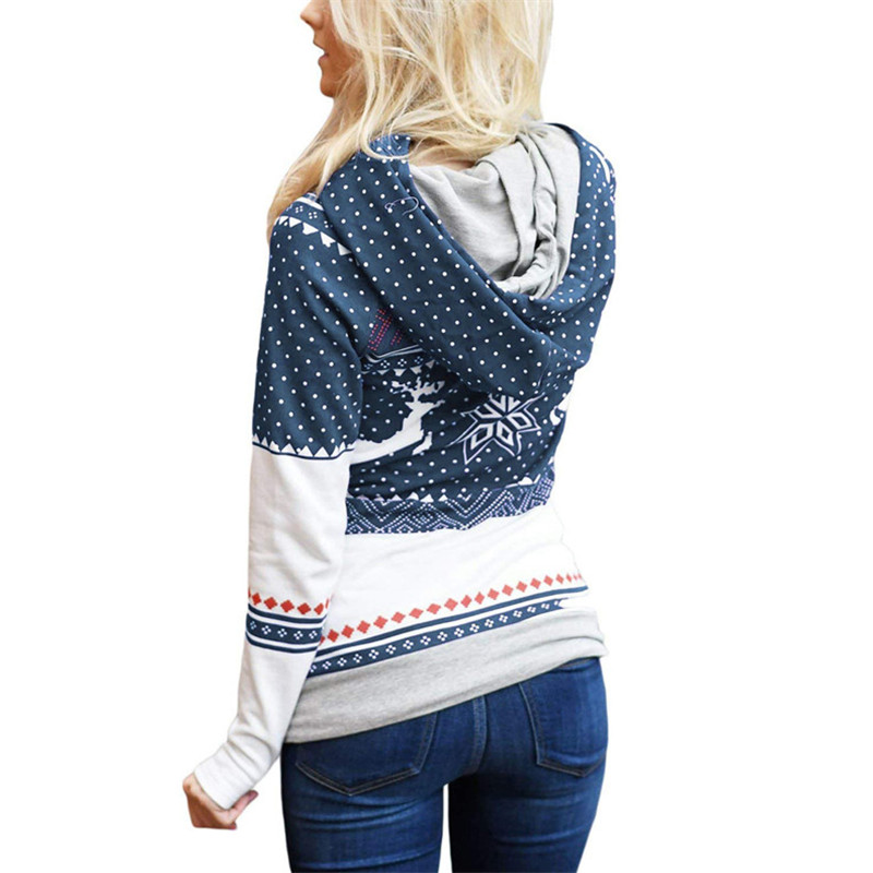 Explosion models Christmas style zipper print pocket hooded finger sweater coat jacket women&apos;s