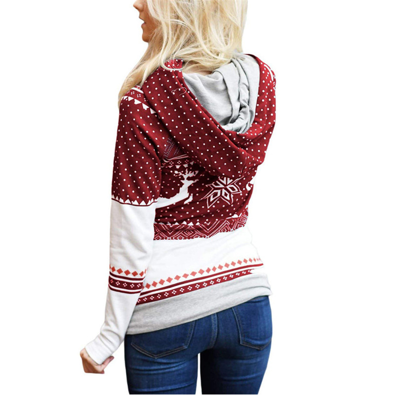 Explosion models Christmas style zipper print pocket hooded finger sweater coat jacket women&apos;s