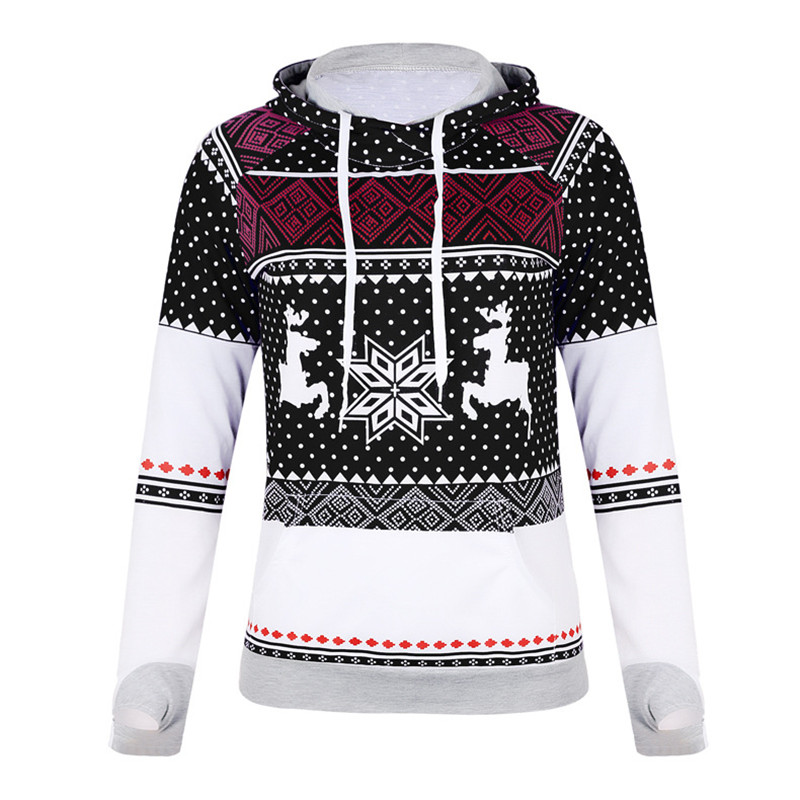 Explosion models Christmas style zipper print pocket hooded finger sweater coat jacket women&apos;s