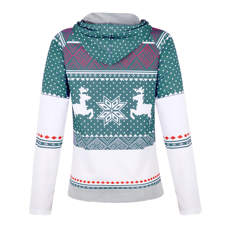 Explosion models Christmas style zipper print pocket hooded finger sweater coat jacket women&apos;s