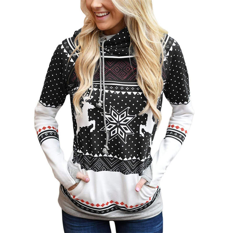 Explosion models Christmas style zipper print pocket hooded finger sweater coat jacket women&apos;s