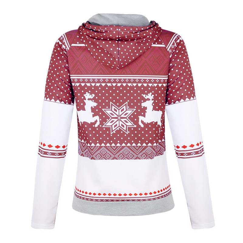 Explosion models Christmas style zipper print pocket hooded finger sweater coat jacket women&apos;s