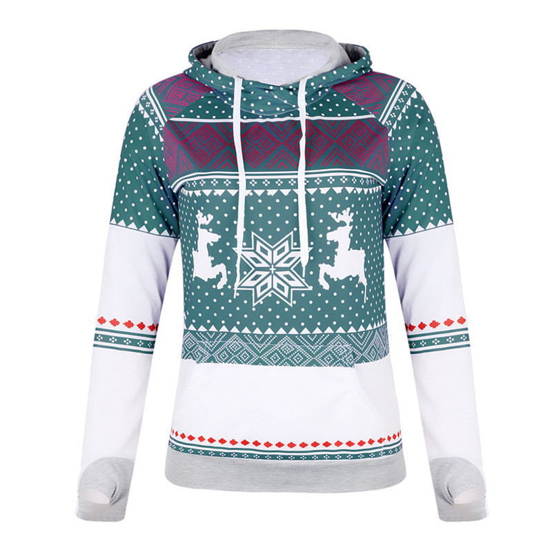Explosion models Christmas style zipper print pocket hooded finger sweater coat jacket women&apos;s