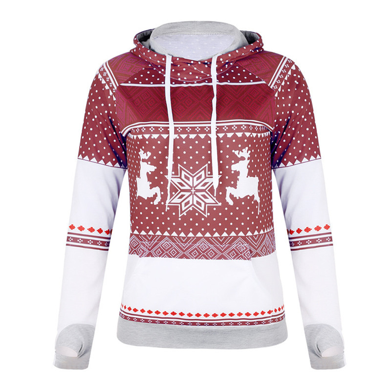Explosion models Christmas style zipper print pocket hooded finger sweater coat jacket women&apos;s