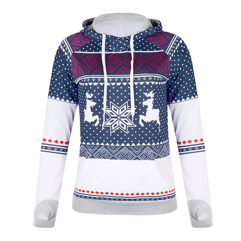 Explosion models Christmas style zipper print pocket hooded finger sweater coat jacket women&apos;s