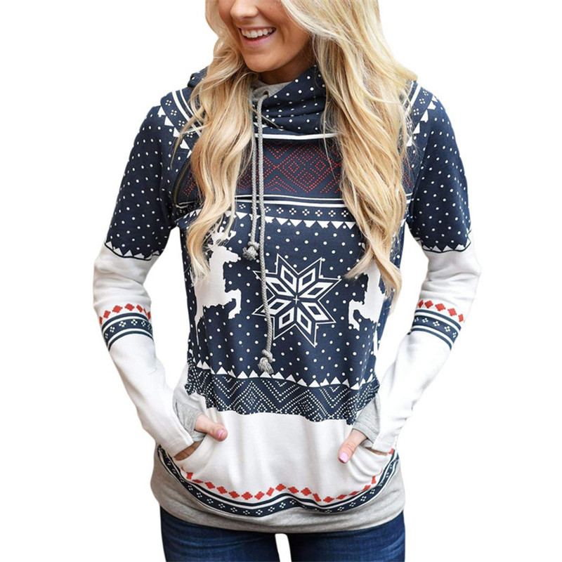Explosion models Christmas style zipper print pocket hooded finger sweater coat jacket women&apos;s