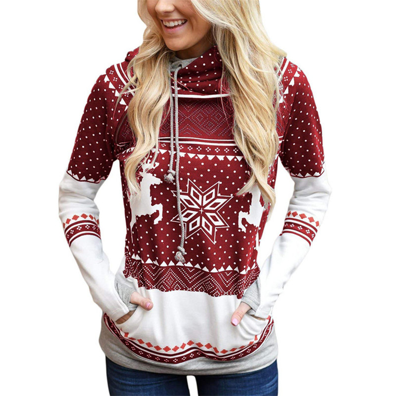 Explosion models Christmas style zipper print pocket hooded finger sweater coat jacket women&apos;s