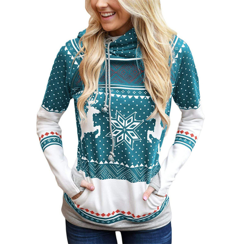 Explosion models Christmas style zipper print pocket hooded finger sweater coat jacket women&apos;s