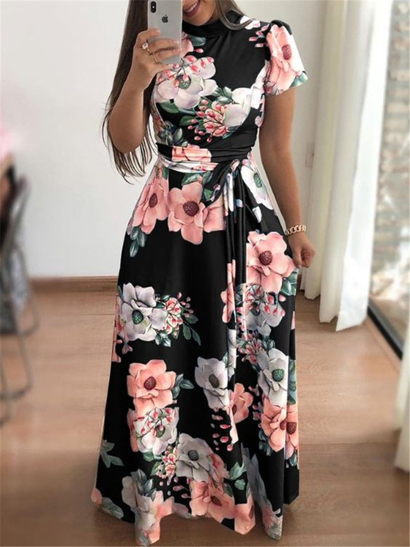 Women&apos;s Europe and the United States Summer Explosion Style Short Sleeve Print Tie Waist Slim Dress