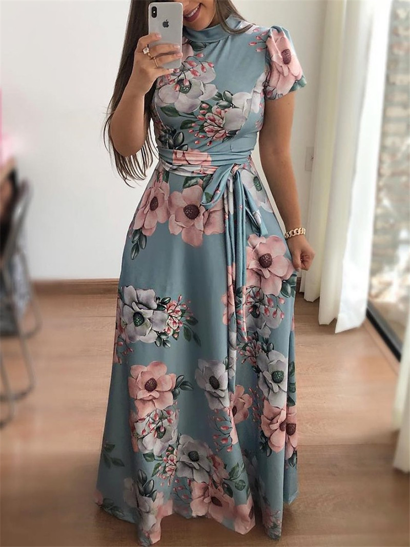Women&apos;s Europe and the United States Summer Explosion Style Short Sleeve Print Tie Waist Slim Dress