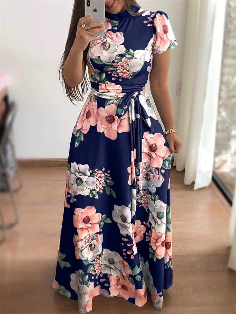 Women&apos;s Europe and the United States Summer Explosion Style Short Sleeve Print Tie Waist Slim Dress