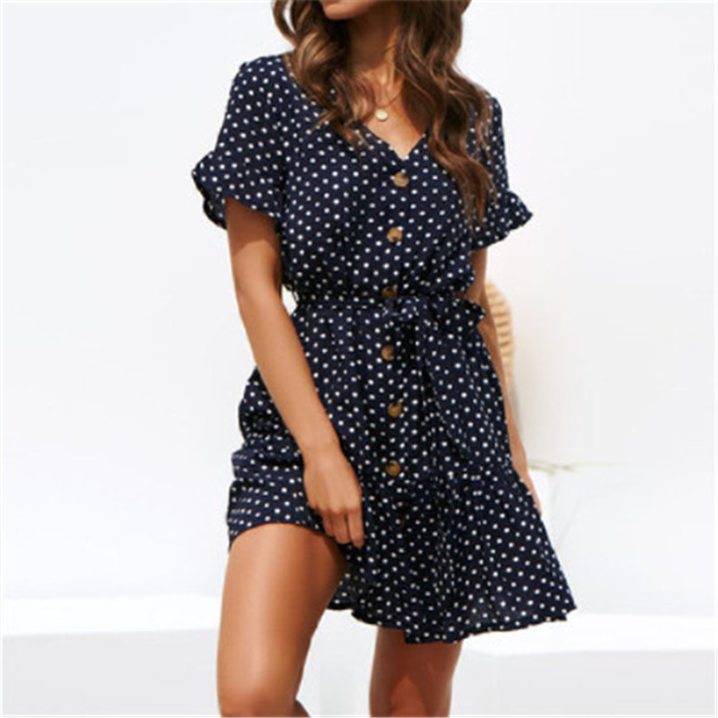 Women&apos;s Bestsellers European and American Sexy Polka Dot Print V-neck Button Lace Up Chiffon Dress