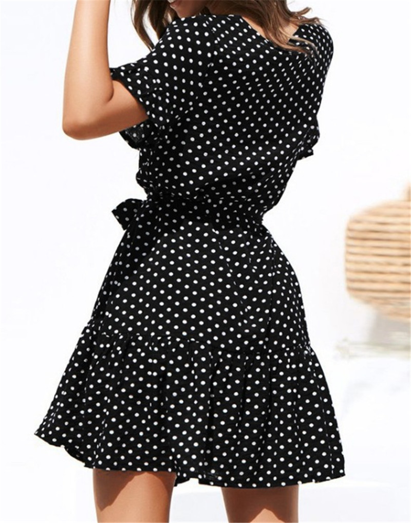 Women&apos;s Bestsellers European and American Sexy Polka Dot Print V-neck Button Lace Up Chiffon Dress