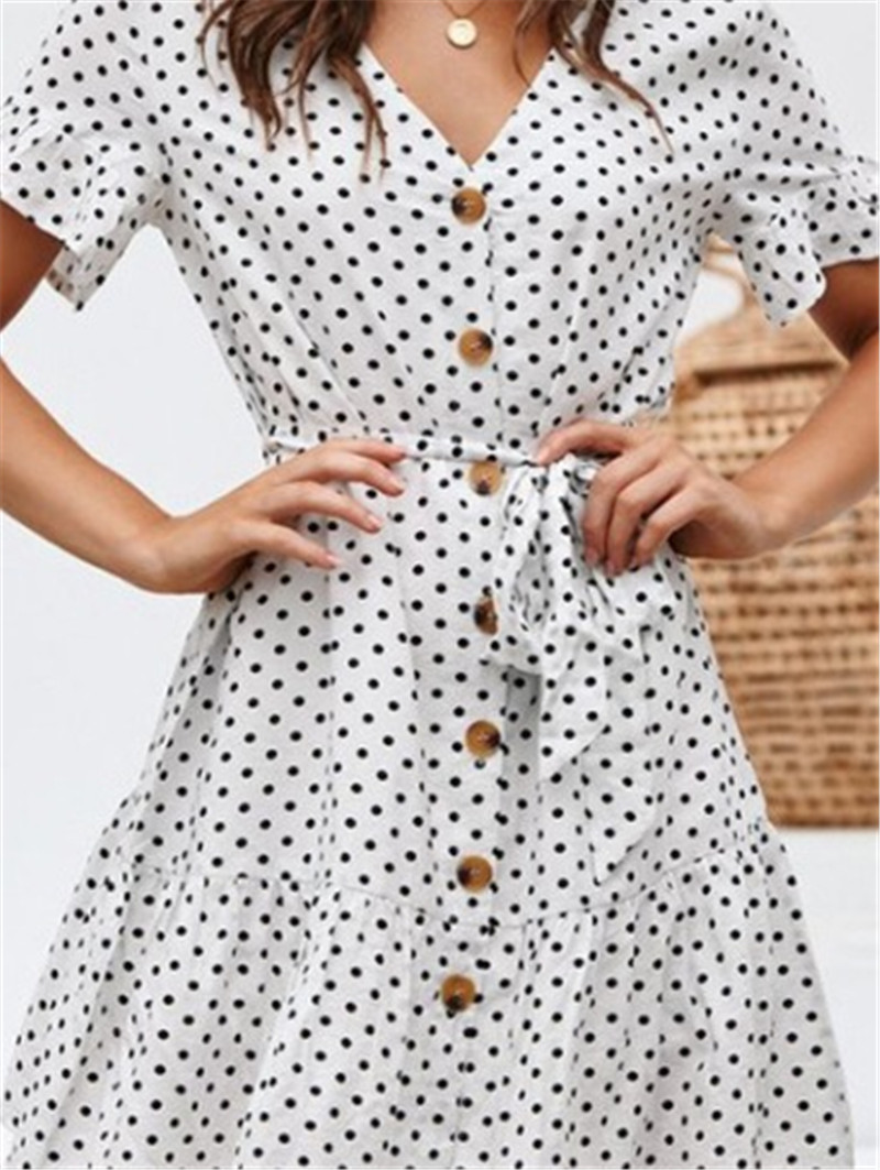 Women&apos;s Bestsellers European and American Sexy Polka Dot Print V-neck Button Lace Up Chiffon Dress