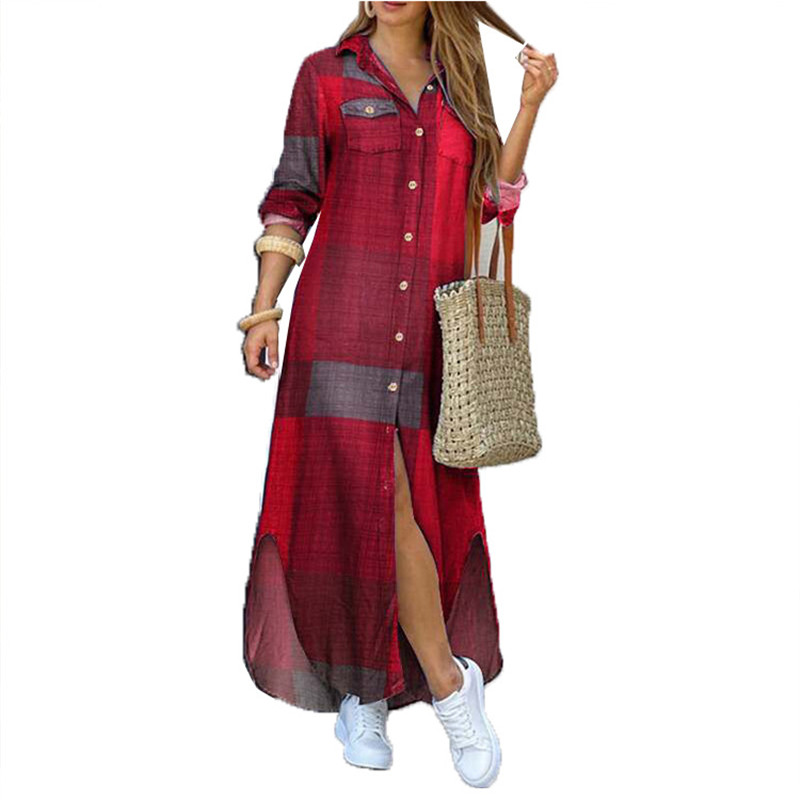 Women&apos;s European Station Printed Single-breasted Long Skirt Dress Loose Ethnic Style