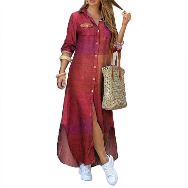 Women&apos;s European Station Printed Single-breasted Long Skirt Dress Loose Ethnic Style