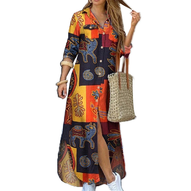 Women&apos;s European Station Printed Single-breasted Long Skirt Dress Loose Ethnic Style