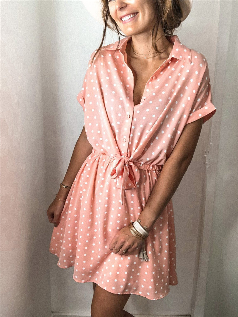 Women's European and American Dress Bohemia Polka Dot Short Sleeve Print Loose Commuter