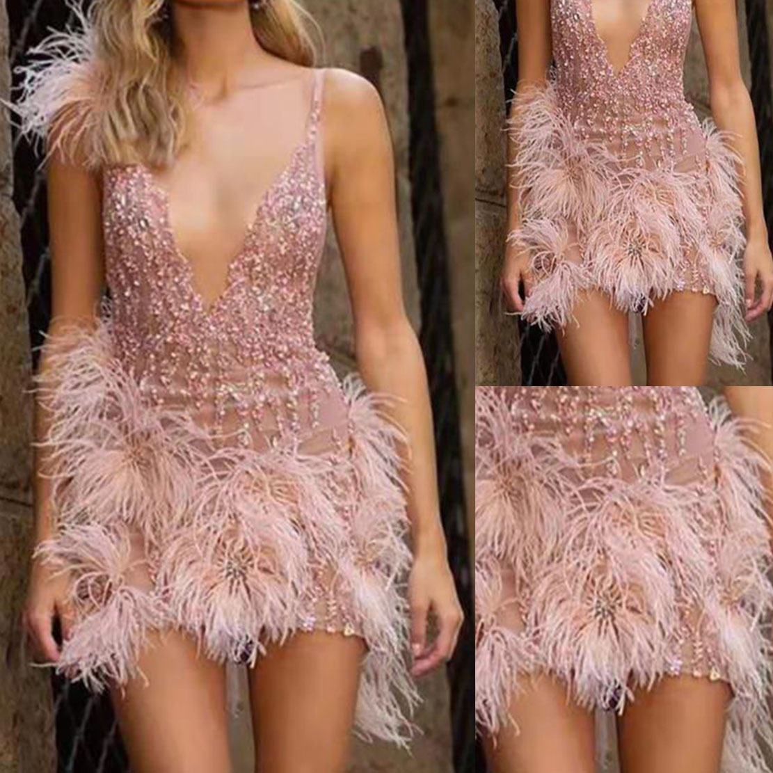 2023 European and American women's blouse coat fashion casual feather condole belt skirt deep V-neck sexy nightclub party dress
