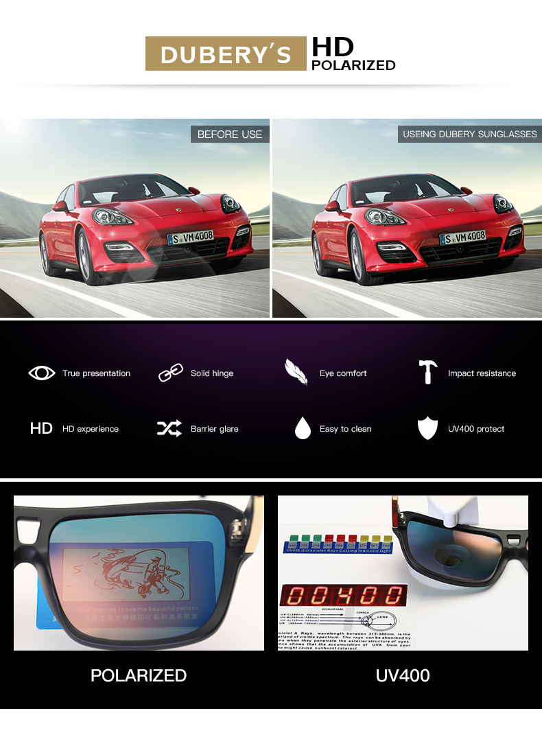 DUBERY Brand Design Polarized Sport Sunglasses Men Driver Shades Male Vintage Spuare Mirror UV400