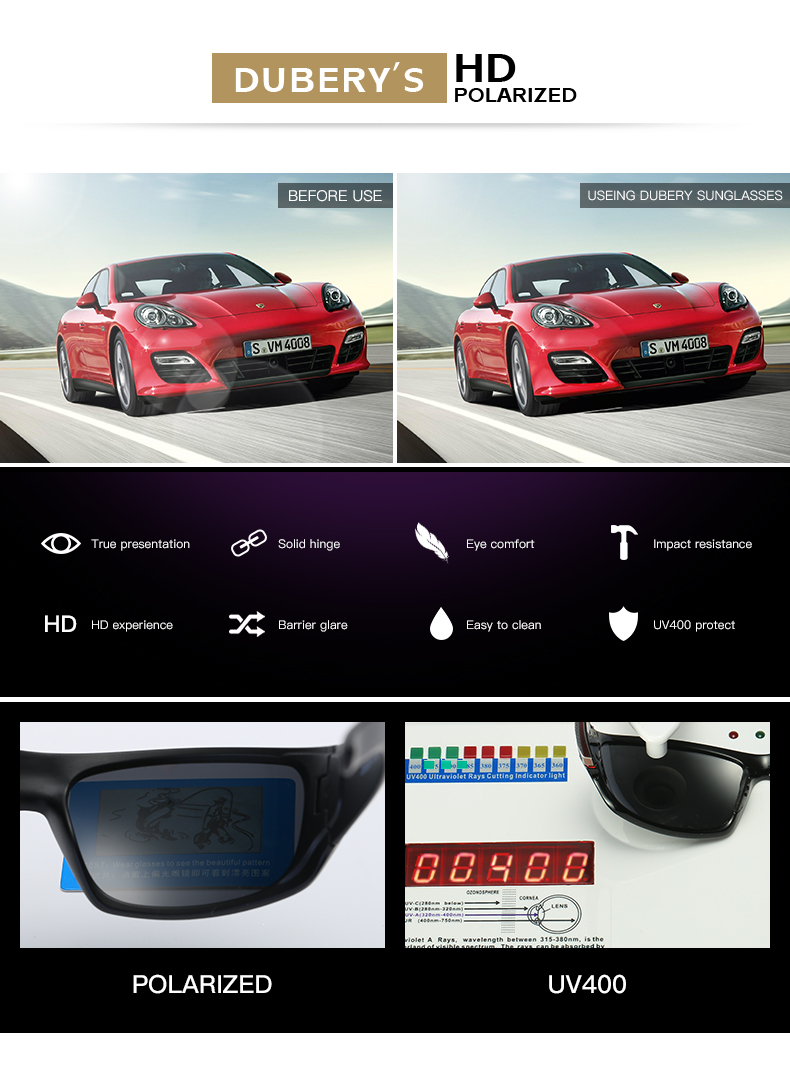 DUBERY Brand Design Men&apos;s Glasses Polarized Sunglasses Driving Shades Male Mirror Goggle UV400