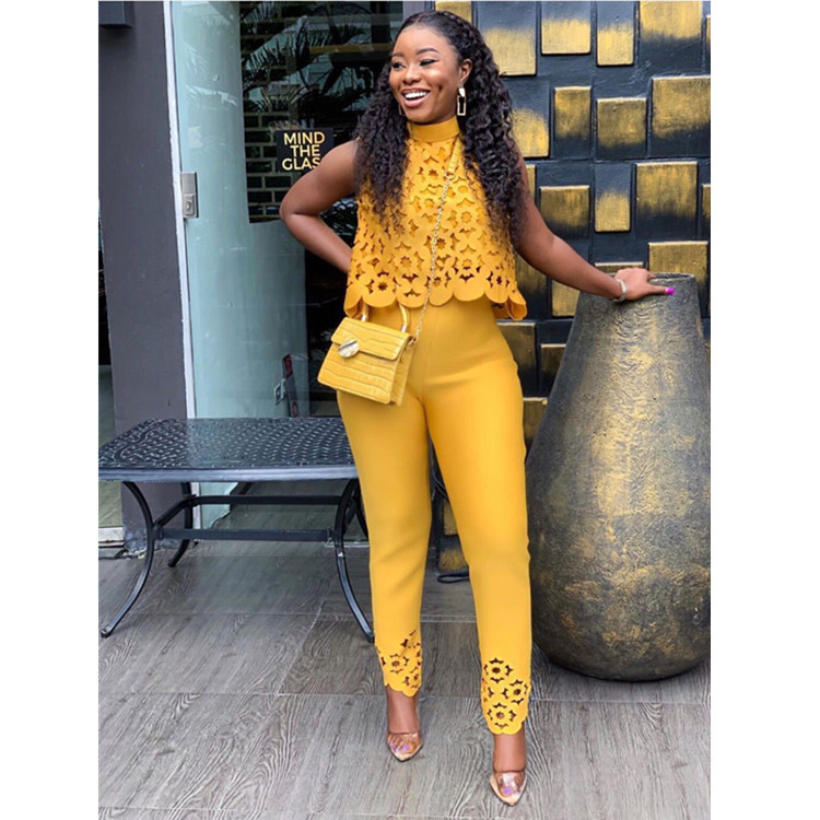 Suits  Lady Suits Temperament thin sleeveless hollowed-out shirt and trousers  Yellow Suit  Fasion K052