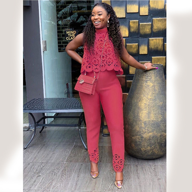 Suits  Lady Suits Temperament thin sleeveless hollowed-out shirt and trousers  Yellow Suit  Fasion K052