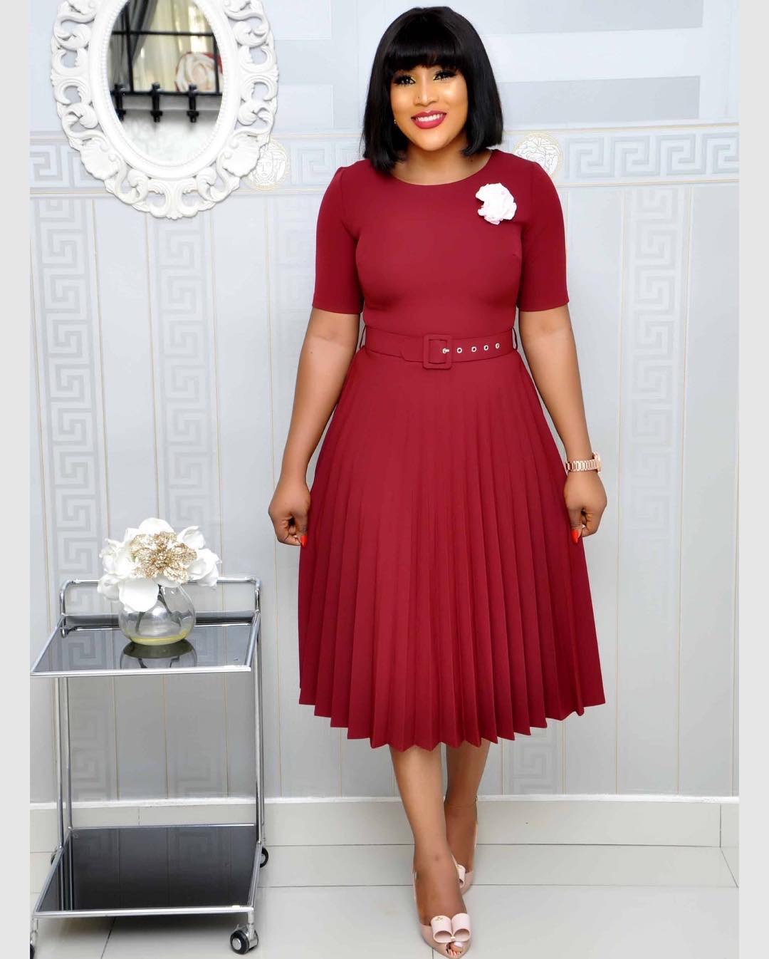 Dresses  New African Monochromatic Pleated Dress with Belt in Stock  African Fasion Clothing