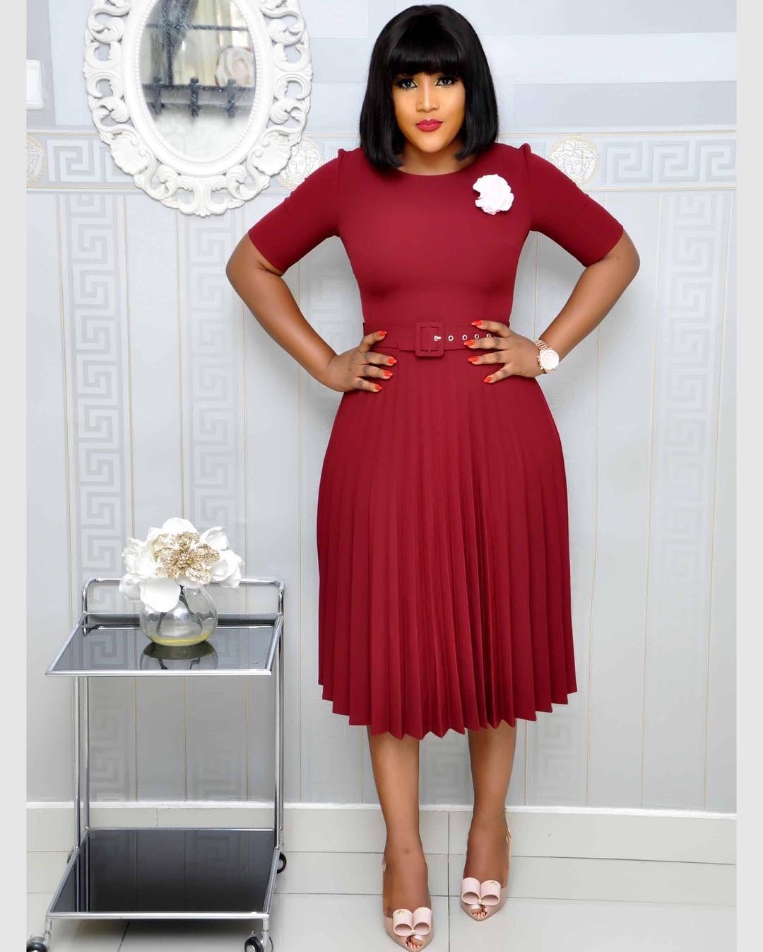 Dresses  New African Monochromatic Pleated Dress with Belt in Stock  African Fasion Clothing