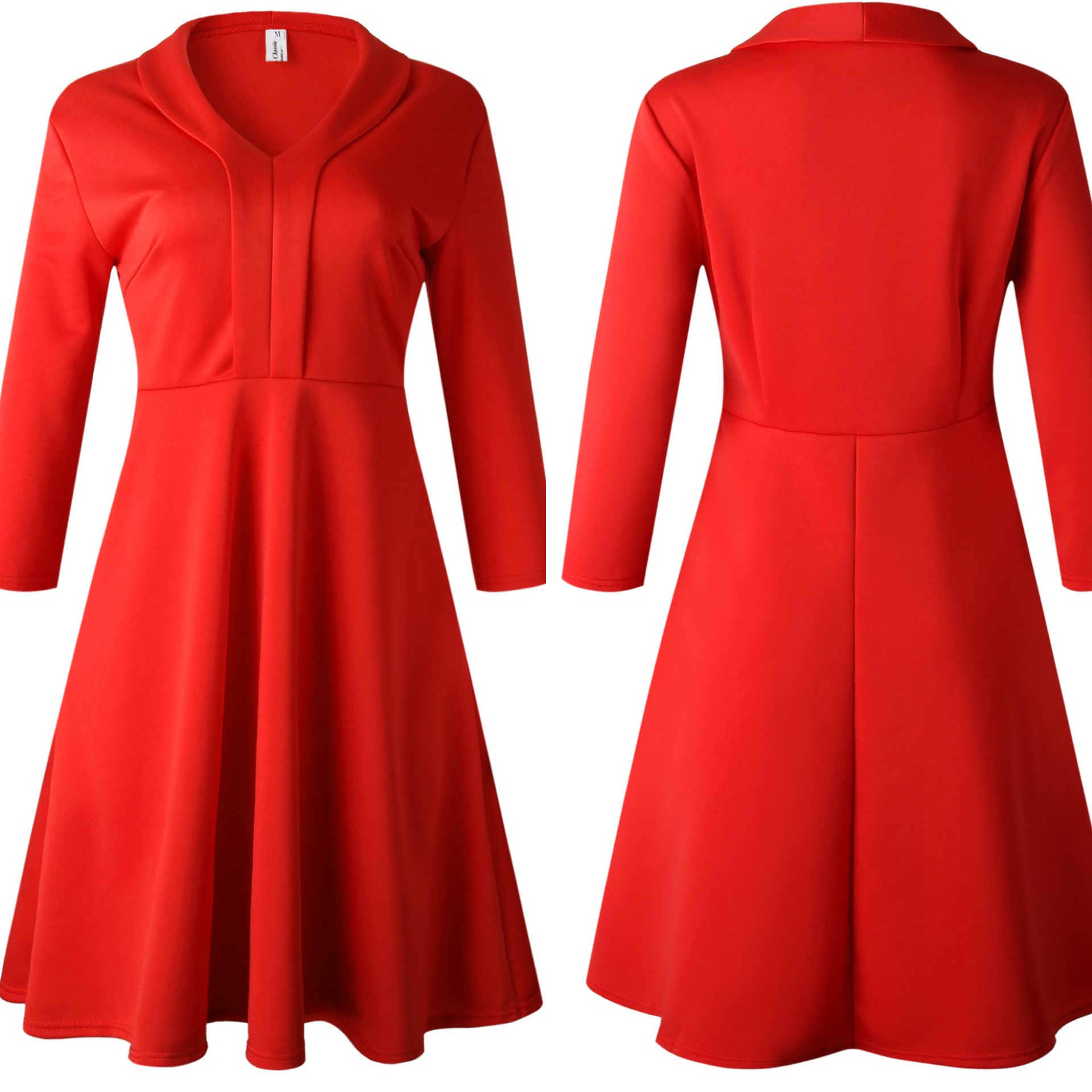 High Quality Red Dress Ladies Elegantdresses V-neck Solid Colour Dress with Belt  Lady Dress