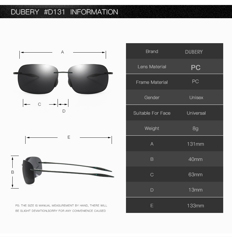 DUBERY Rimless Sunglasses Car Sunglasses Driver Shades Men Sunglasses Women Sunglasses Square Shades Driving Sunglasses Male Bug-eyed Glasses Eight colors