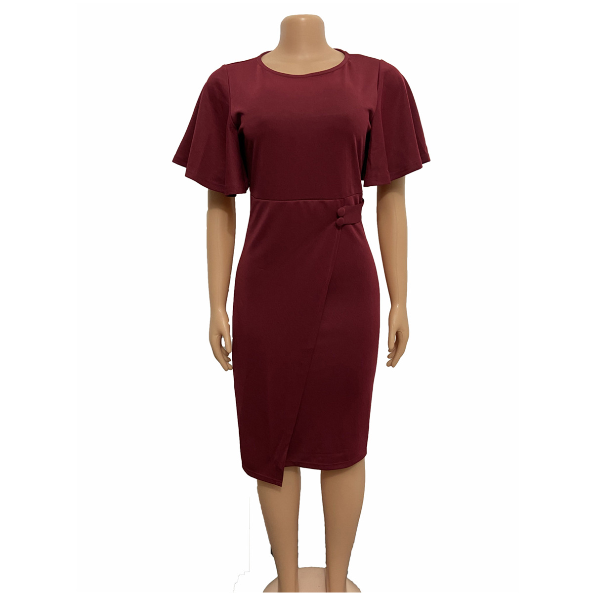 High quality new solid women's dress knee length flying sleeves large tight skirt round neck slim dress show thinness K008