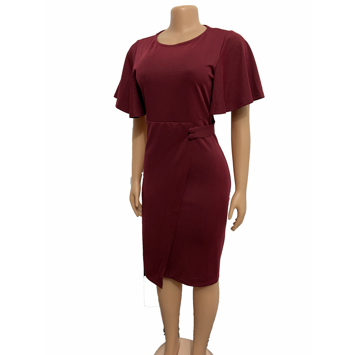 High quality new solid women's dress knee length flying sleeves large tight skirt round neck slim dress show thinness K008