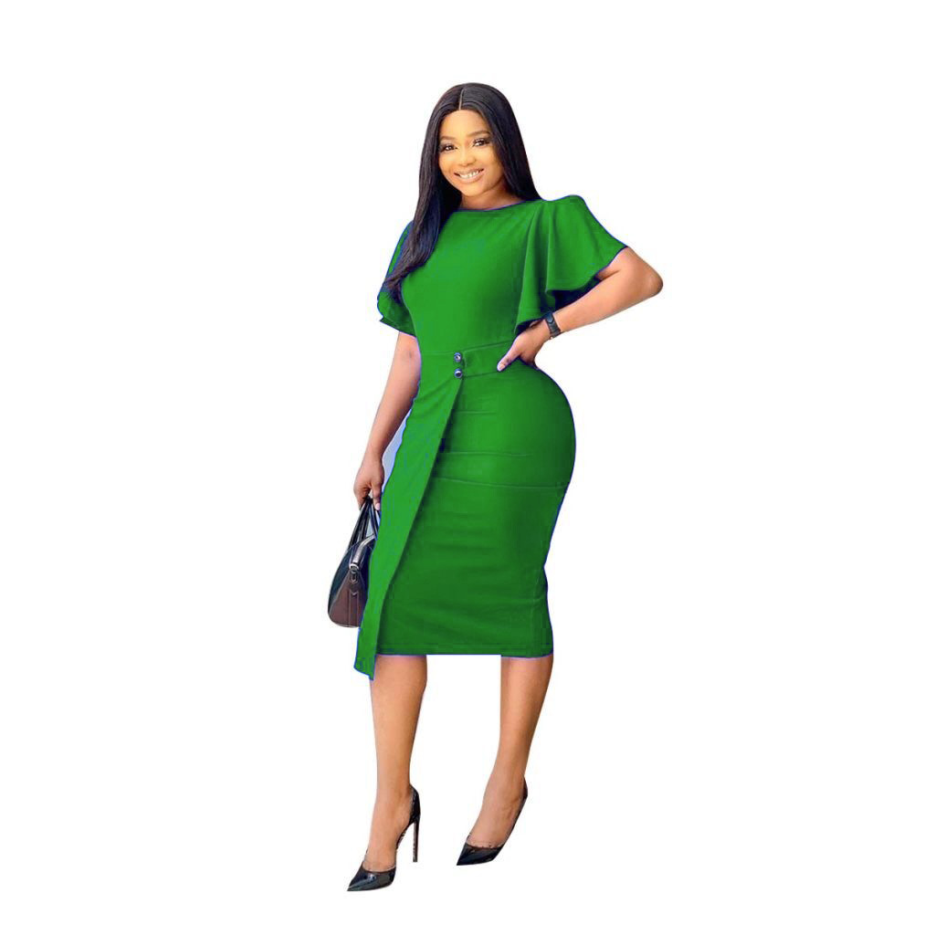 High quality new solid women's dress knee length flying sleeves large tight skirt round neck slim dress show thinness K008