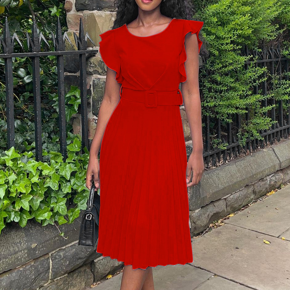 New dresses Skirt Big size dresses with belt Flounce sleeve Round  Neck collar Collect waist Pleated dress More colors Long skirt