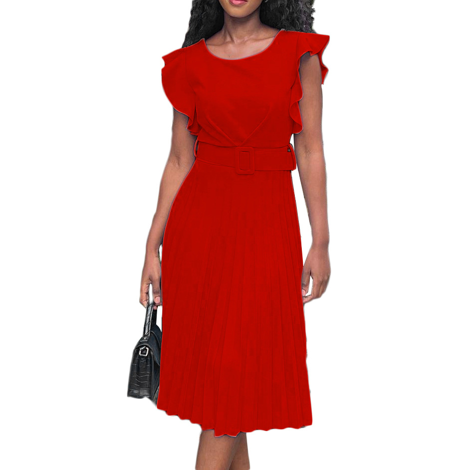 New dresses Skirt Big size dresses with belt Flounce sleeve Round  Neck collar Collect waist Pleated dress More colors Long skirt