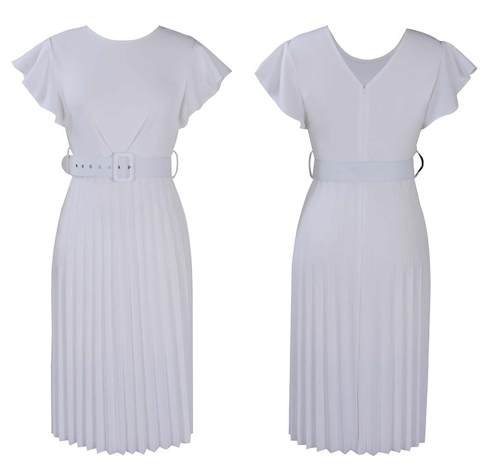 New dresses Skirt Big size dresses with belt Flounce sleeve Round  Neck collar Collect waist Pleated dress More colors Long skirt