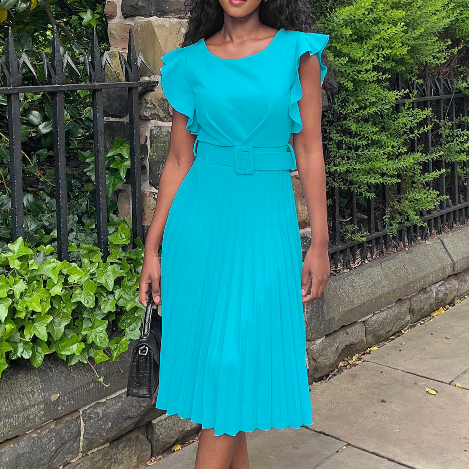 New dresses Skirt Big size dresses with belt Flounce sleeve Round  Neck collar Collect waist Pleated dress More colors Long skirt