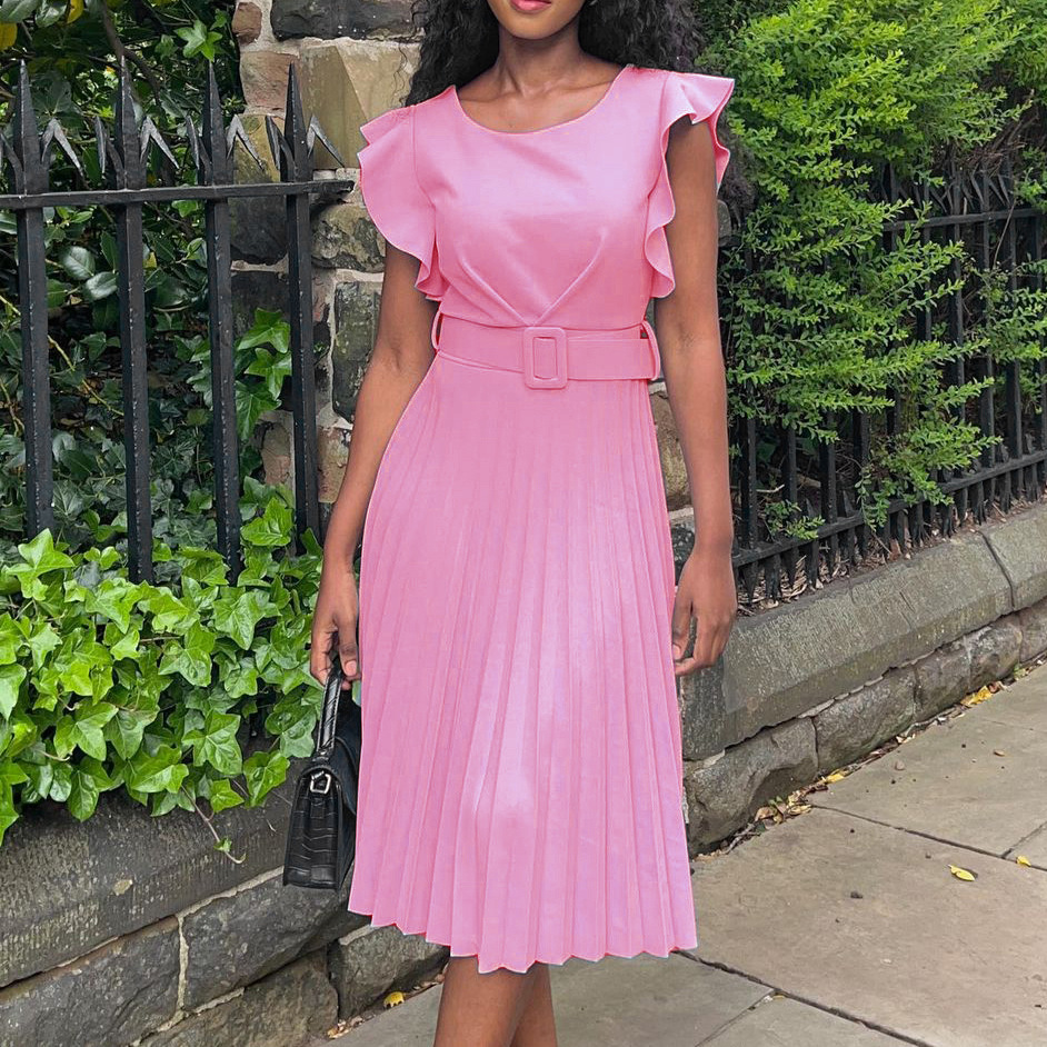 New dresses Skirt Big size dresses with belt Flounce sleeve Round  Neck collar Collect waist Pleated dress More colors Long skirt