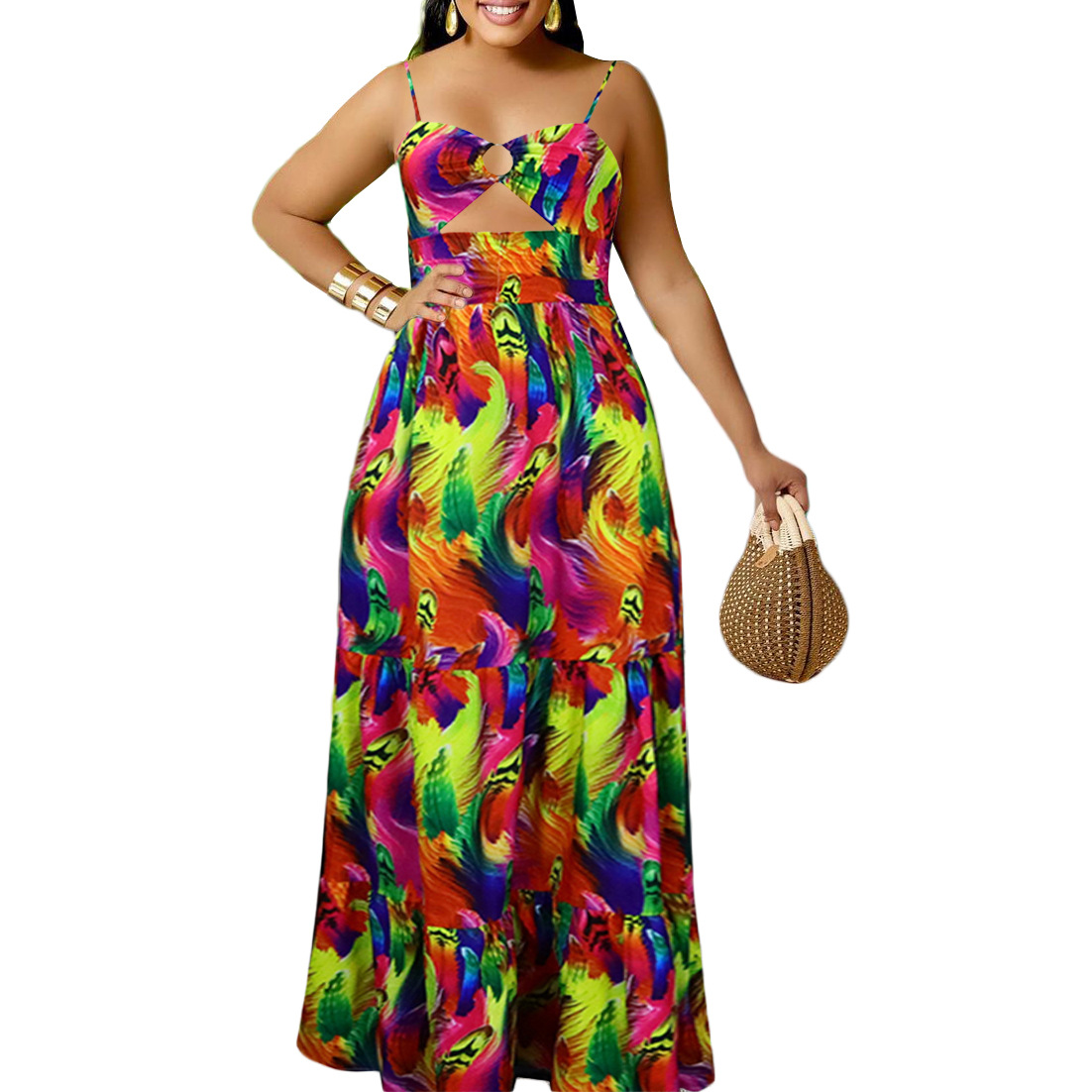 New slip dress Sleeveless long skirt Swing dress backless with halter Printed dress with high waist temperament Big size S-3XL dress More colors K023