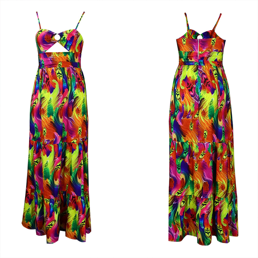 New slip dress Sleeveless long skirt Swing dress backless with halter Printed dress with high waist temperament Big size S-3XL dress More colors K023