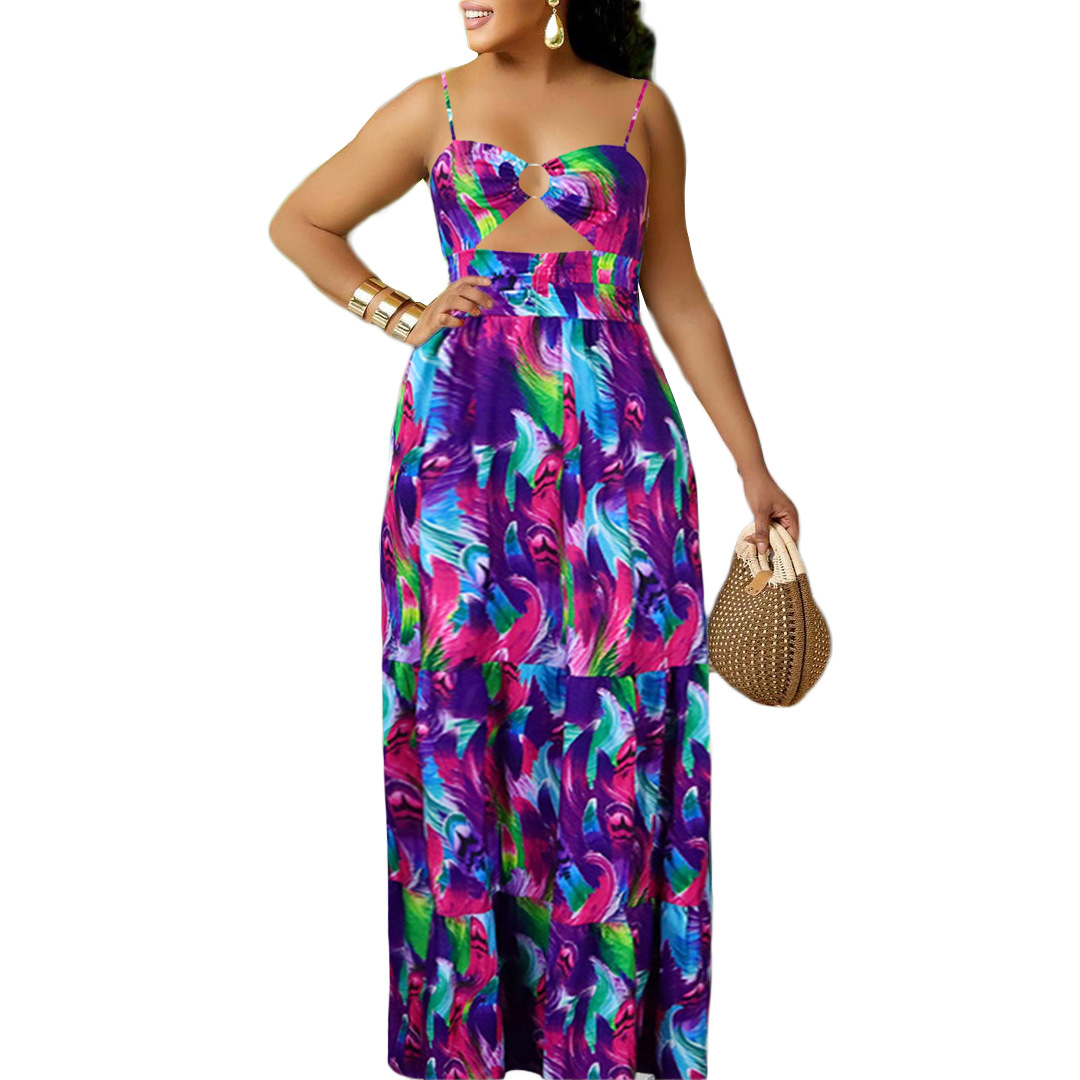 New slip dress Sleeveless long skirt Swing dress backless with halter Printed dress with high waist temperament Big size S-3XL dress More colors K023