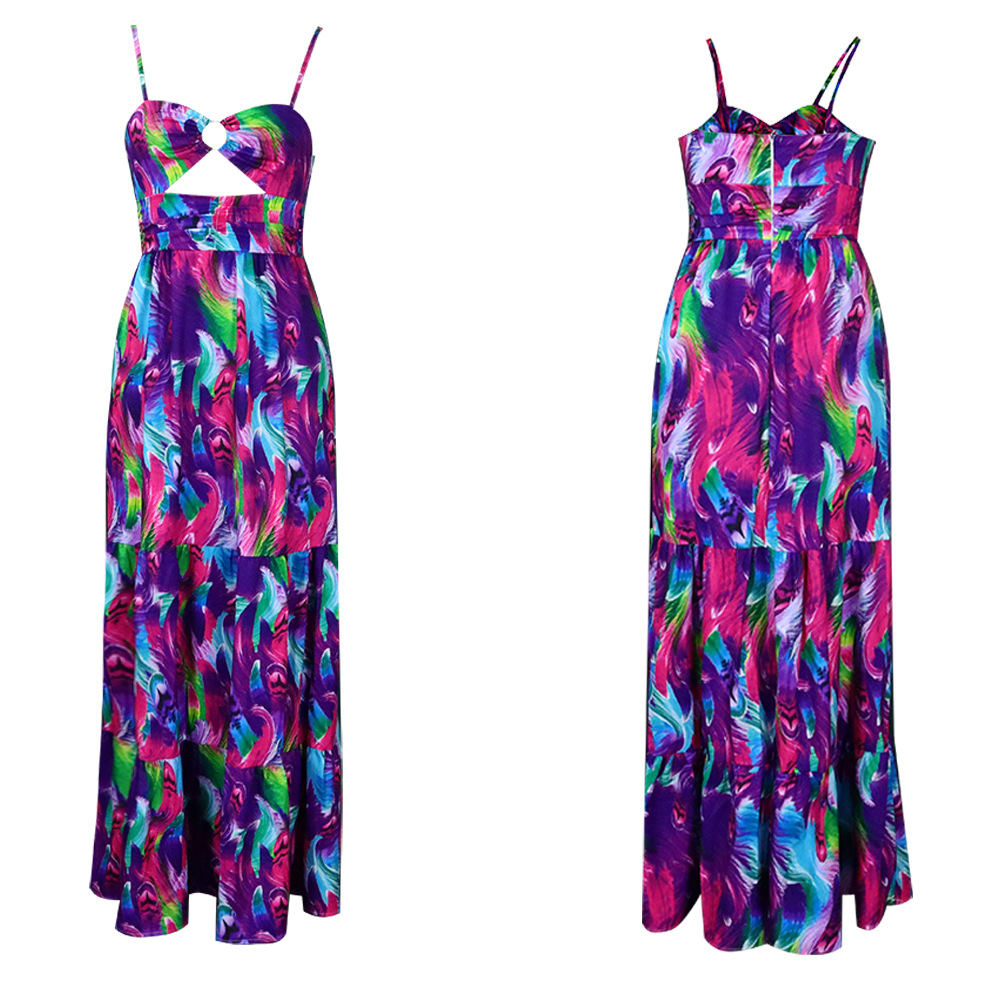 New slip dress Sleeveless long skirt Swing dress backless with halter Printed dress with high waist temperament Big size S-3XL dress More colors K023