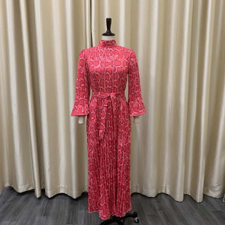 New Fashion woman dress accordion Snake print Large size dresses s-3xl blow knee long sleeve belt high neck 3 colors dresses K042 wedding party dress