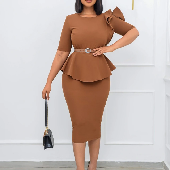 Woman Dress New Fashion Hip skirt with belt Large size S-3XL commuter suit blow knee short flounce sleeve Round neck 3 colors dresses wedding party dress K049